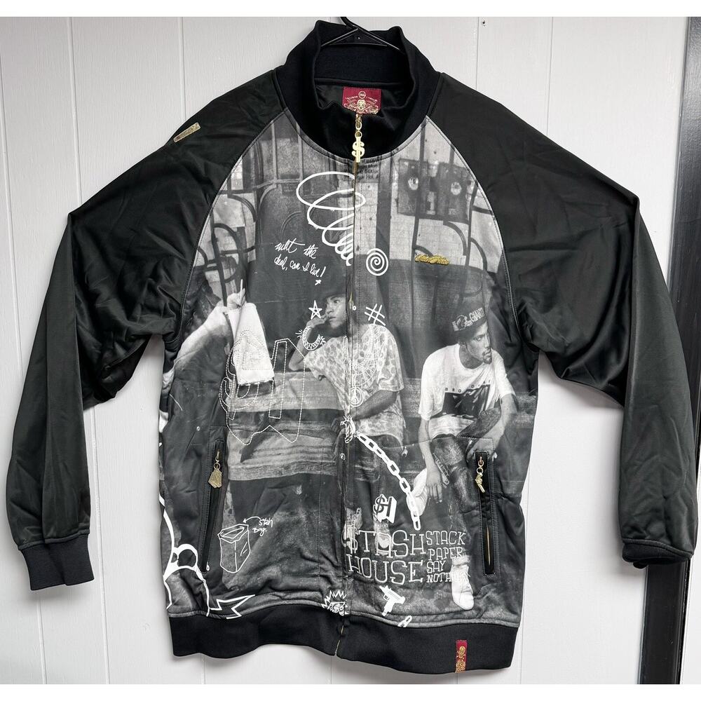 Stash House Jacket Full Zip Men 3 XL vtg 90s black gray gold accents